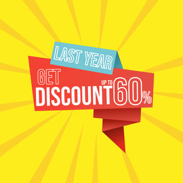 Discount last year up to 60 percent red banner with floating ribbon banner for promotions and offers.