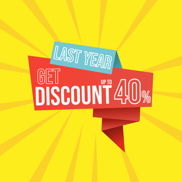 Discount last year up to 40 percent red banner with floating ribbon banner for promotions and offers.