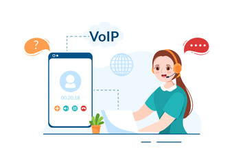 VOIP or Voice Over Internet Protocol with Telephony Scheme Technology and Network Phone Call Software in Template Hand Drawn Cartoon Flat Illustration