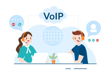 VOIP or Voice Over Internet Protocol with Telephony Scheme Technology and Network Phone Call Software in Template Hand Drawn Cartoon Flat Illustration