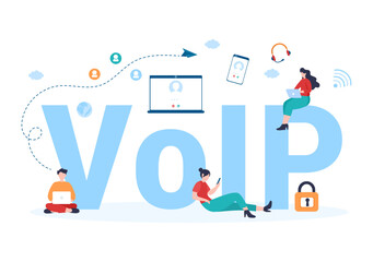 Naklejka premium VOIP or Voice Over Internet Protocol with Telephony Scheme Technology and Network Phone Call Software in Template Hand Drawn Cartoon Flat Illustration