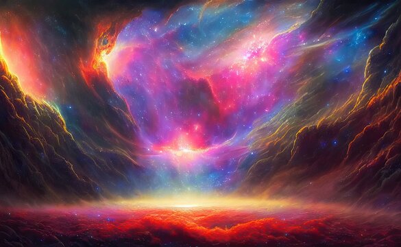 Space supernova wallpaper background with colorful Universe of stars constellations galaxies nebulae gas and dust clouds, celestia cosmic interstellar creation wonder and magic, illustration