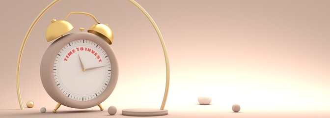Finance management concept. Alarm clock with time to invest text. 3D render