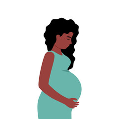 Black pregnant woman with sad face in flat design on white background.