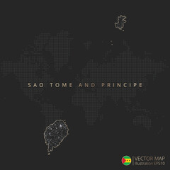 Sao Tome and Principe vector map abstract geometric mesh polygonal light concept with gold and white glowing contour lines countries and dots on dark background.