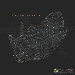 South Africa vector map abstract geometric mesh polygonal light concept with gold and white glowing contour lines countries and dots on dark background.