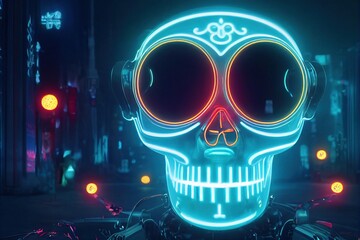 Cyberpunk Calavera - a cyberpunk twist on the traditional Mexican Calavera sugar skull. 3D render, computer generated - obrazy, fototapety, plakaty
