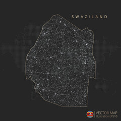 Swaziland vector map abstract geometric mesh polygonal light concept with gold and white glowing contour lines countries and dots on dark background.