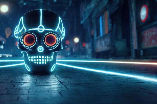 Cyberpunk Calavera - a cyberpunk twist on the traditional Mexican Calavera sugar skull. 3D render, computer generated