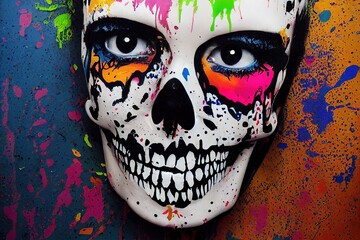 Street Art Paint-Splattered Calavera - a street art twist on the traditional Mexican Calavera sugar skull. 3D render, computer generated