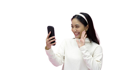 Young asian woman use smart smart phone a for video call on a pink studio background