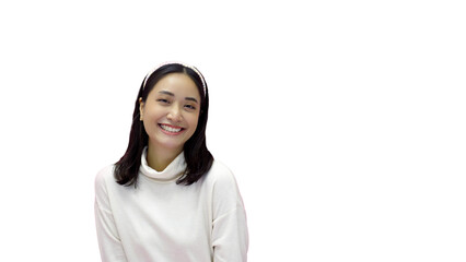 happy young woman Asian smiling and having good time, laughing, looking to side on pink background