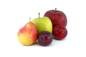 Pear, plums and apples over a white background