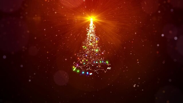 Gold christmas tree with magic lights, particles and star on red background looped.