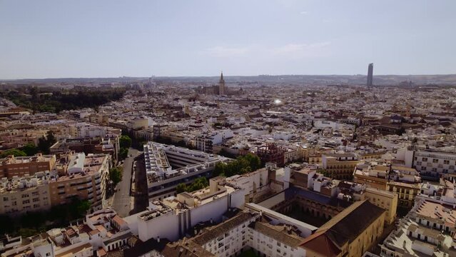 Aerial view of Seville city, Spain. Cinematic 4K
