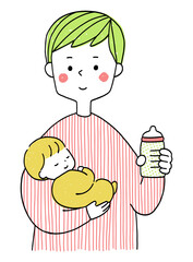 赤ちゃんを抱っこしてミルクを持っている育児中の男性