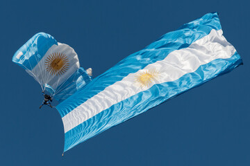 paracaidista saltando con su paracaidas con los colores argentinos y desplegando una inmensa bandera argentina - obrazy, fototapety, plakaty