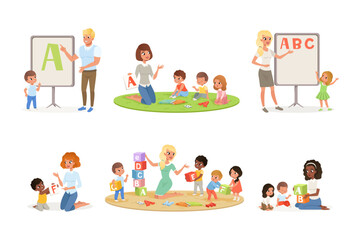 Preschool kids learning alphabet set cartoon vector illustration