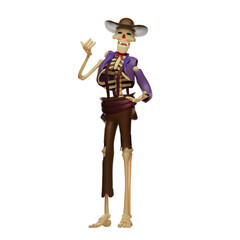  3D illustration. Smiling face of Cute Cartoon Cowboy Skull 3D character. hands are on the waist. in a cool style. 3D Cartoon Character