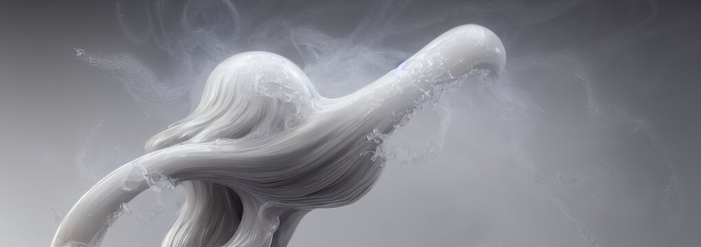 White Milk Fluid Liquid On White Splash Explosion Of White Clear Smoke Ink Paint In Water, Black Blend In Swirls, Black Water Paint Simulation, 3D Render Illustration