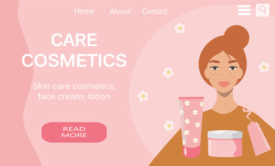 vector illustration in a flat style, a banner for a website on the theme of skin care cosmetics. beautiful girl and cosmetics