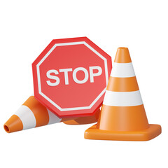 3d object Rendering of traffic sign. Stop under construction , traffic cone.