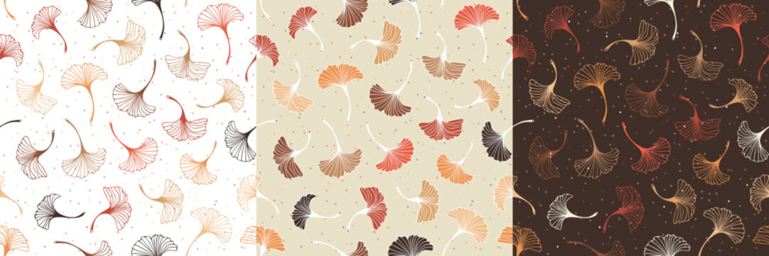 Seamless vector pattern with ginkgo biloba leaves. Set of colorful prints in natural beige and brown shades. Doodle plants Isolated on white, dark and gray background.