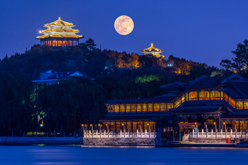 Family Reunion Day Concept: Chinese Traditional Festival Mid-Autumn Festival - moon at the night on...