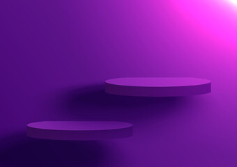 Purple two steps platform decorated with lighting on purple wall background. Pedestal scene with for product, advertising, show. The semicircular geometric base for your graphic. Vector illustration.