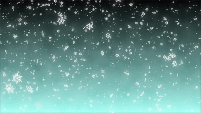 雪の結晶 舞う 吹雪 右上から 【背景 グラデーション 黒 ライトスカイブルー 冷気】