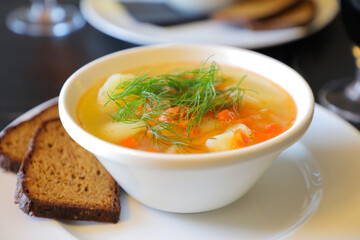 Steaming bowl of traditional Salmon soup