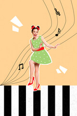 Collage 3d image of pinup pop retro sketch of funny funky cute cool retro outfit young woman dancing big piano keys enjoy melody play