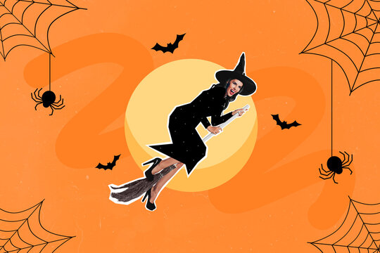 Composite collage picture of crazy witch girl flying broomstick isolated on painted halloween background