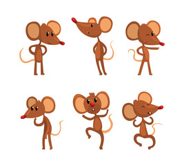 Set of mice in various action poses. Funny brown rodent animal character vector illustration