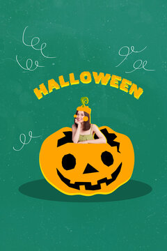 Vertical creative collage image of cute happy pretty young girl sitting halloween pumpkin cute carved face party promo painting background