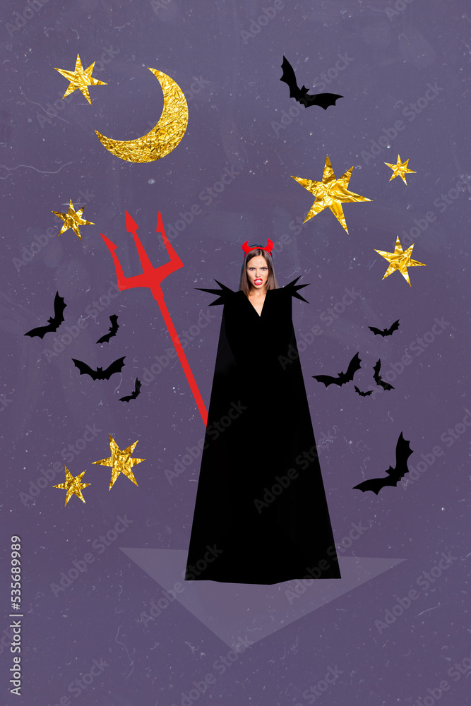 Poster Creative poster collage of stunning young woman black cloak devil demon satan costume halloween horns tail trident poster bats moon stars