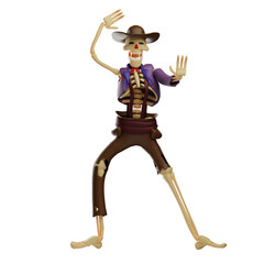 3D illustration. Funny 3D Skull Cowboy Cartoon Design with funny face. in a strange pose. put on a cute expression. 3D Cartoon Character