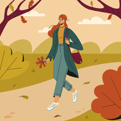 Young woman walks through an autumn park. Leaves are falling, warm weather. Flat vector illustration.
