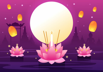 Loy Krathong Festival Celebration in Thailand Template Hand Drawn Cartoon Flat Illustration with Lanterns and Krathongs Floating on Water Design