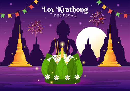 Loy Krathong Festival Celebration in Thailand Template Hand Drawn Cartoon Flat Illustration with Lanterns and Krathongs Floating on Water Design