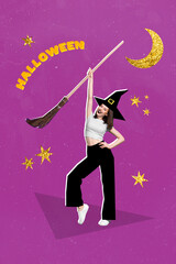 Creative trend collage of happy energetic funny funky young witch hold broomstick costume halloween...