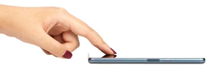 woman use forefinger with red manicure touching smartphone screen place on floor. online wi-fi internet. woman using phone in everyday life. cutout.