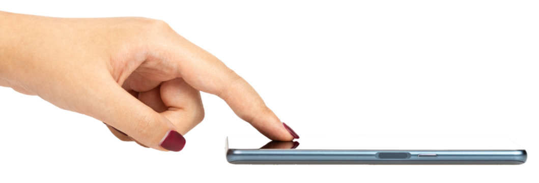 woman use forefinger with red manicure touching smartphone screen place on floor. online wi-fi internet. woman using phone in everyday life. cutout.