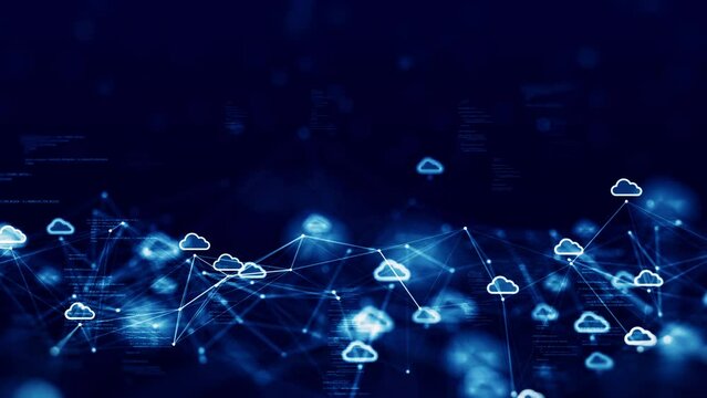 Cloud and edge computing technology concepts with cybersecurity data protection. Polygon connection code small cloud icon behind blur on dark blue background.