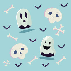 mini images with ghosts, skulls, bones and bats for halloween in flat style