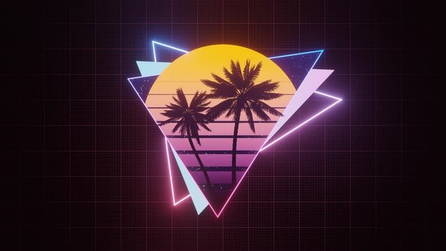 Synthwave, vaporwave, retrowave seamless vj loop animation. 80s retro sunset with palm trees silhouette.