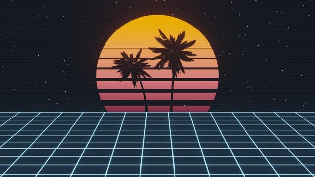 80s retro futuristic seamless loop animation. Synthwave, vaprowave sunset with silhouette palm trees and neon laser grid.