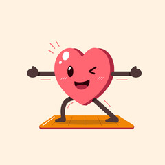 Cartoon heart character exercising on yoga mat for design.