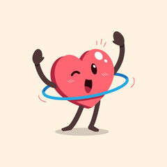 Cartoon heart character exercising with hula hoop for design. - obrazy, fototapety, plakaty