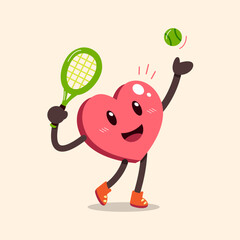 Cartoon heart character playing tennis for design.